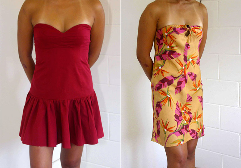 Left model wearing a red dress and right model wearing a tropical floral dress, both strapless.