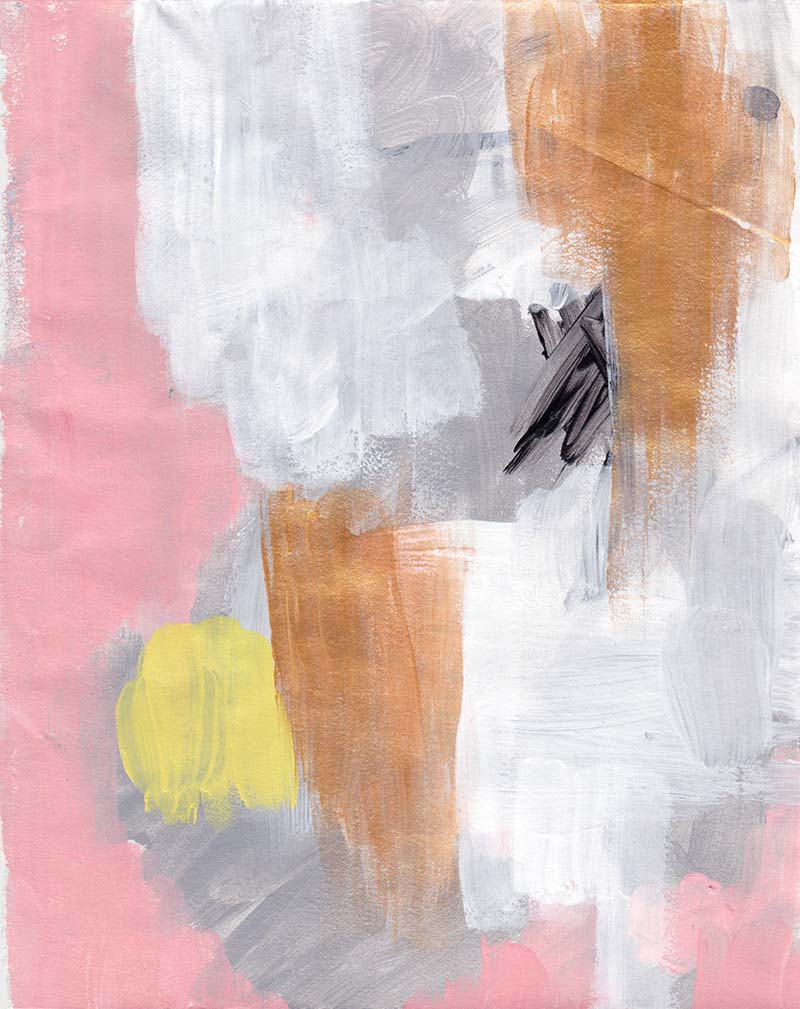 Pink, white, grey, black, gold, and yellow painting.